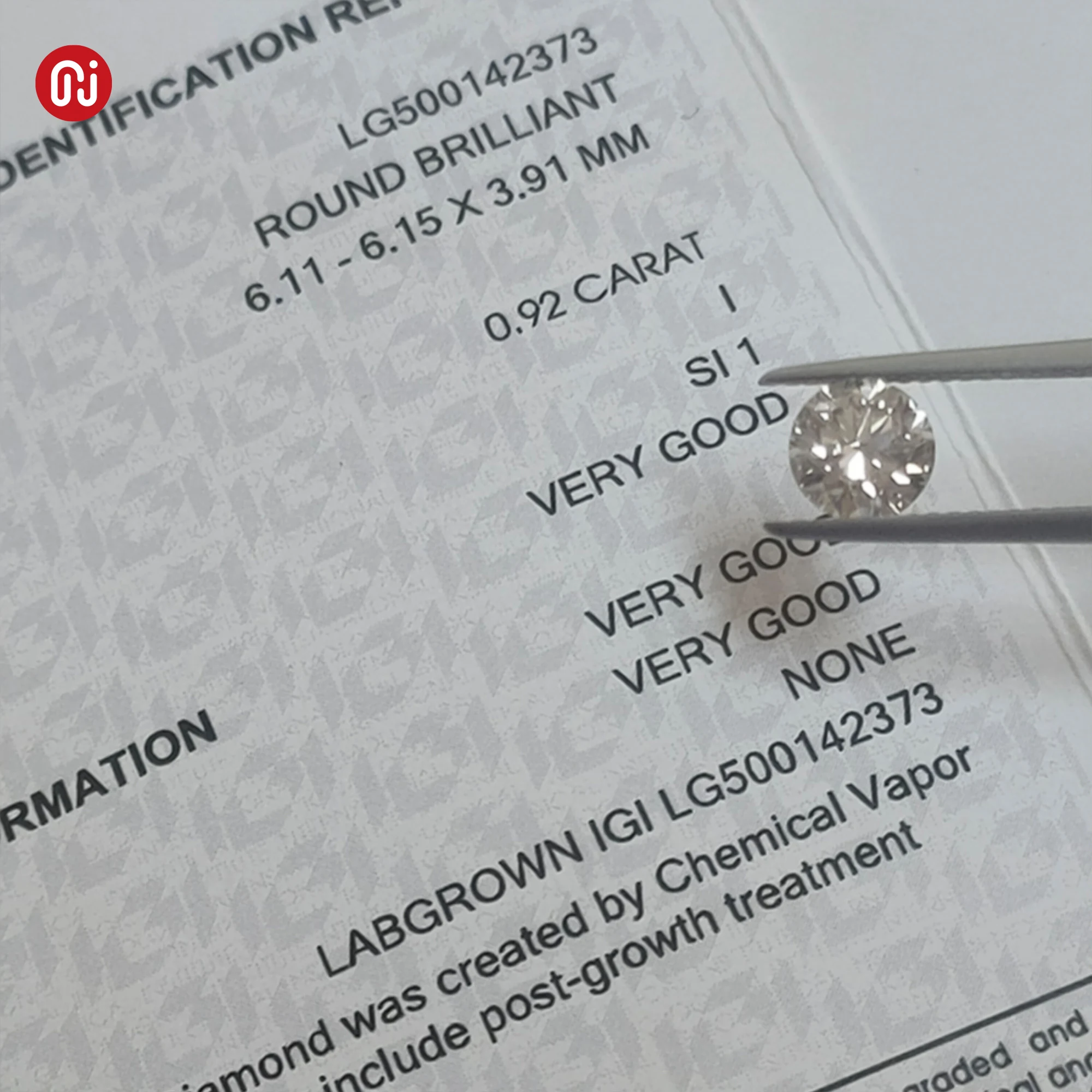 GIGAJEWE White Colors Round Cut 0.92ct  I color SI1 Clarity  Diamond with IGI Certificate CVD Diamond Polished