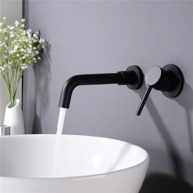 Single Handle Cold And Hot Switch Wall Hung Mounted Black Modern Design Bathroom Counter Basin Faucets Mixer Washroom Sink Tap lavatory faucet