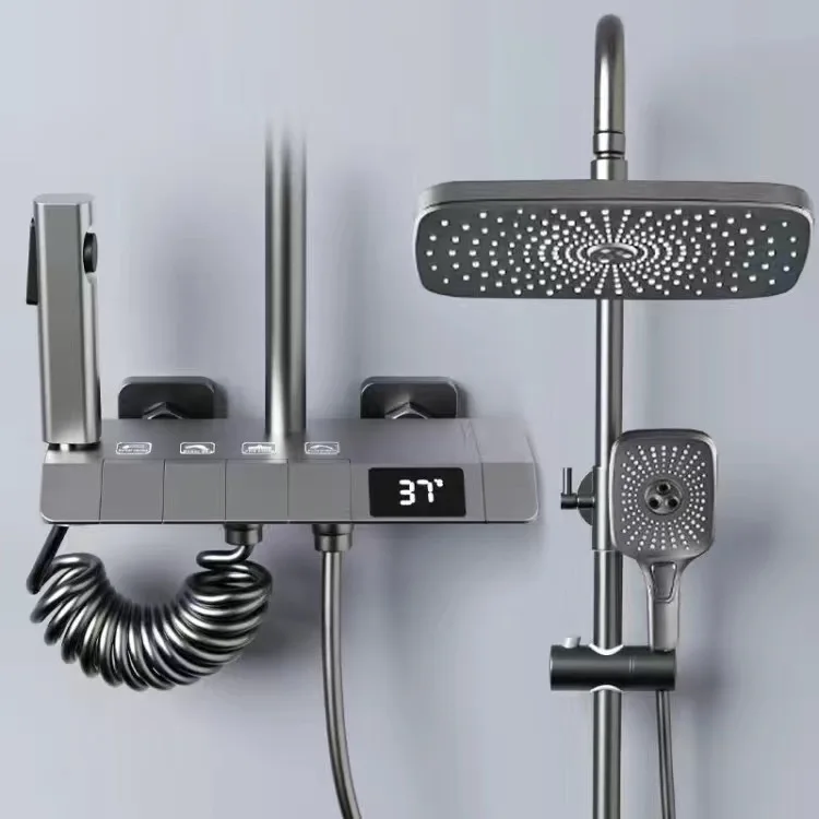 Shower Set Gray Bathroom Digital Display Faucet Shower System Set Bathtub Hot and Cold 4 Functions Tap Shower Set