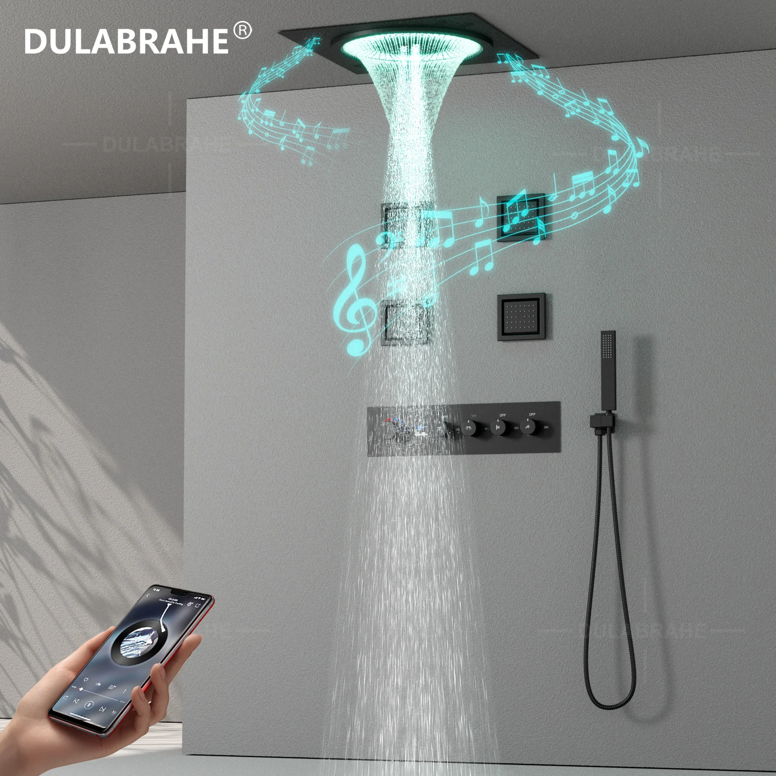 DULABRAHE 20 Inch Large Spa Shower Head Bathroom Black LED Shower Faucet Set Cold and Hot Digital Display Mixer With Music