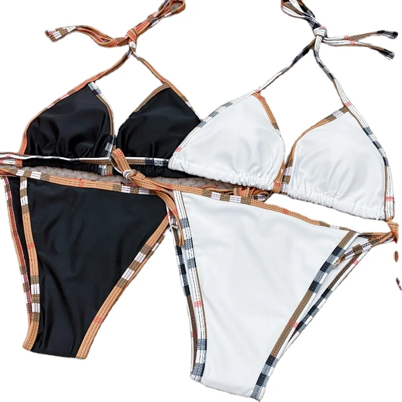 Luxury Catalog Designer Swimsuit Classic Plaid Beach Bikini Sexy Women Swimwear Fashion Bikini Suit Designer Leather Belts