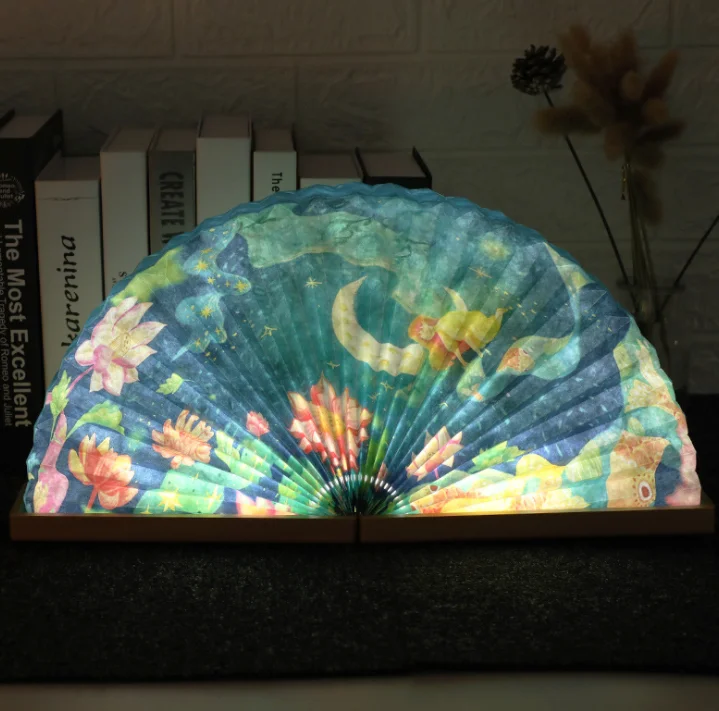 Custom Wooden Folding Book Light USB Rechargeable Dupont Paper Fan-shaped Lamp Bedroom Study Night Light