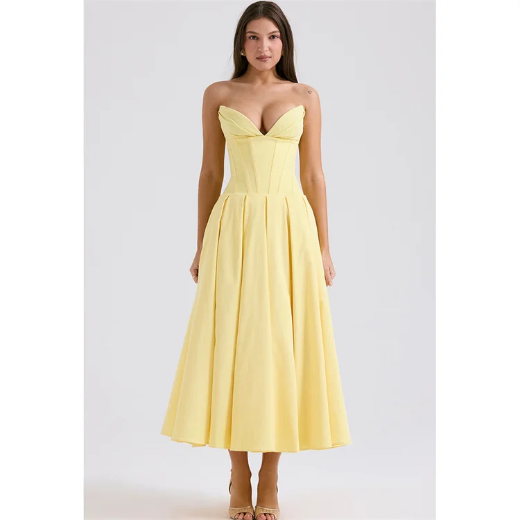 New fashion solid color strapless fishbone waist evening party dress ladies elegant slim full skirt dresses