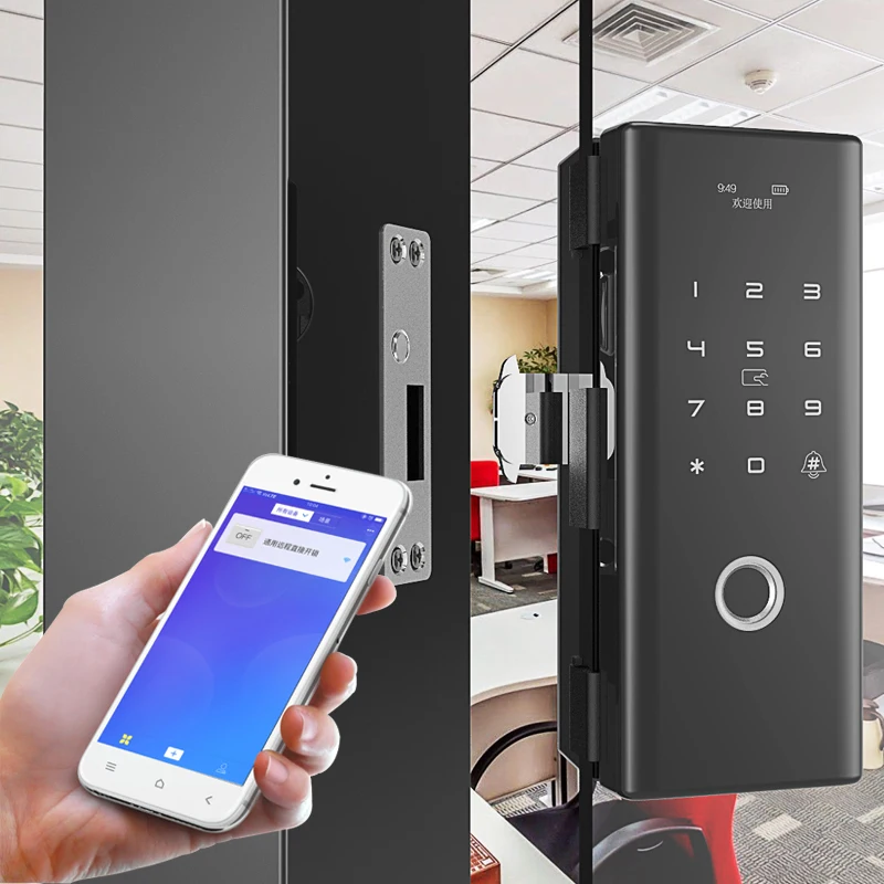 smart frameless password glass lock electric digital keyless wifi tuya fingerprint glass door lock for single glass doors