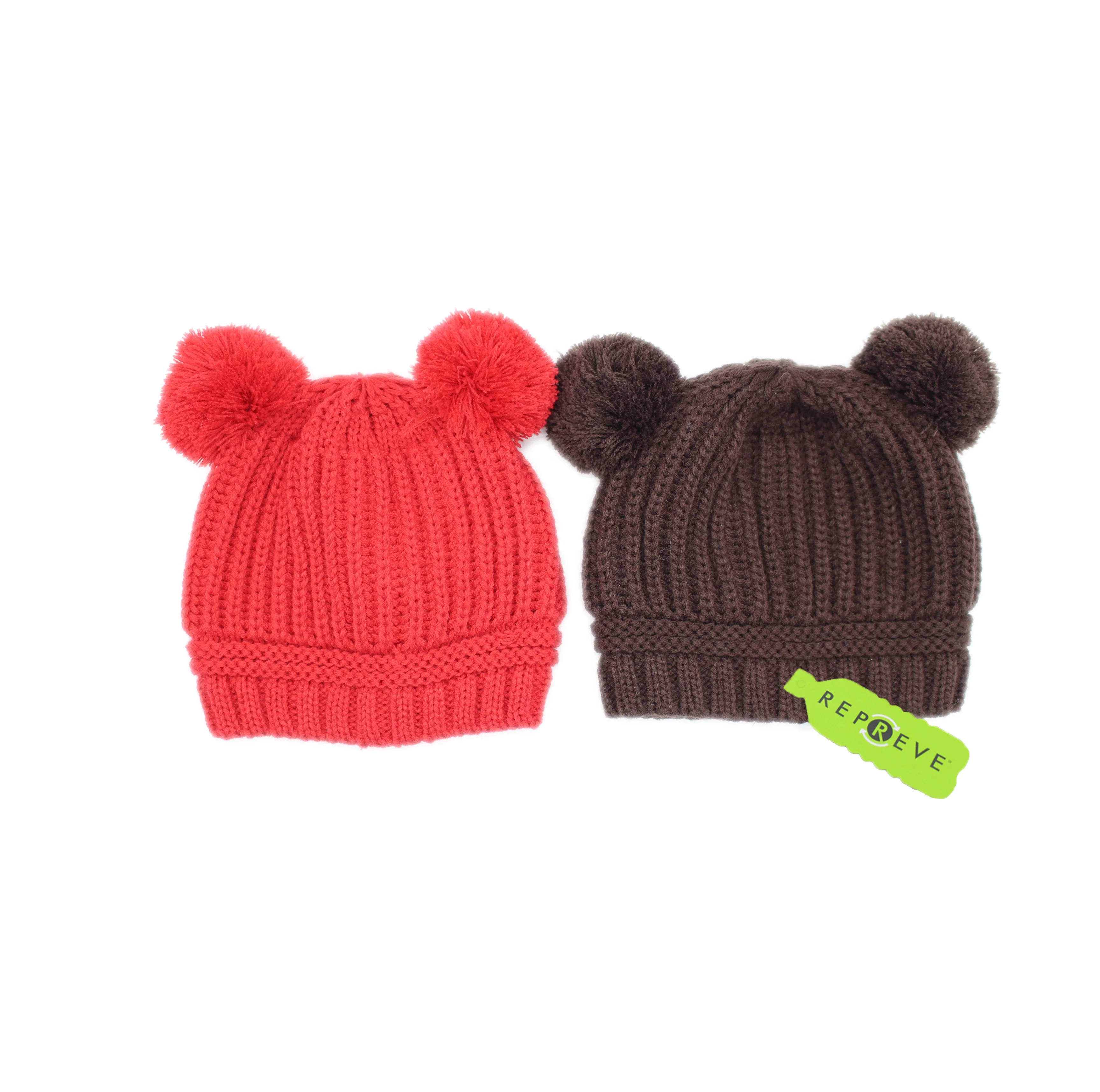 Fashion winter recycled fabric knitted kids beanie with bear pompon cute hat