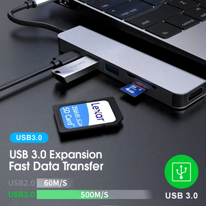 Док-станция USB- C 6 в 1 адаптер для поддержки 4K ULtra HD видео зарядное устройство USB 3 0 PD кардридер Type Mac