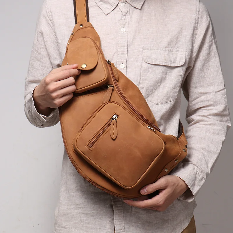 Vintage Genuine Leather Chest Bag Single Shoulder Crossbody bag Multiple pockets sling bag Del paquete for men and women
