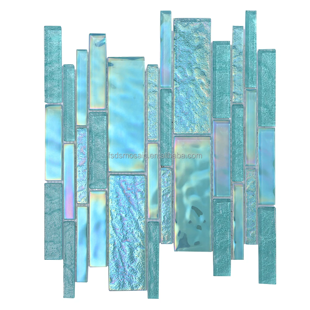Iridescent Aqua Green Crystal Strip Glass Mosaic Backsplash Tile Swimming Pool Mosaic Tile
