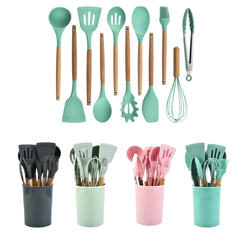 12 Pieces Kitchen Cooking Food Grade Utensils Set Silicone Kitchen Spatula Utensils Set With Wooden Handle
