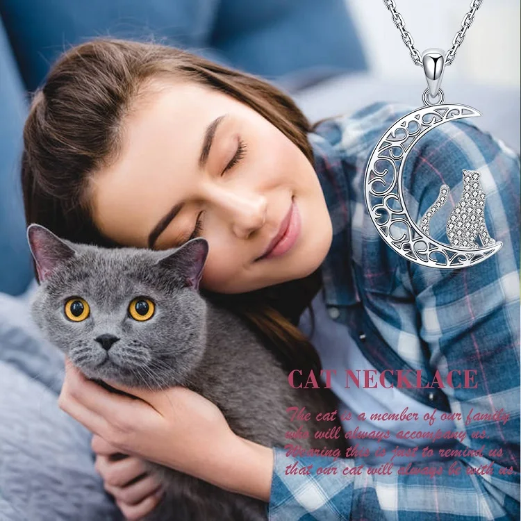 925 sterling silver crescent moon with cat necklace for women