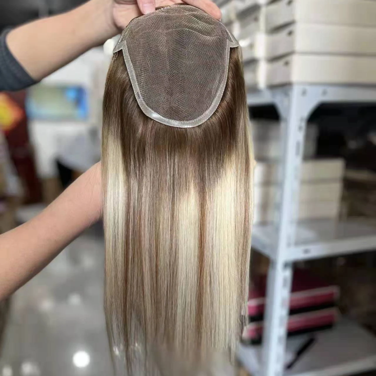 Stock Swiss lace and Mono Lace Human Remy Hair Toupee for Women