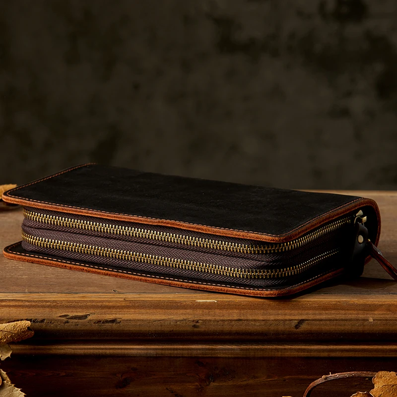 Vintage Genuine Leather Double Zipper Handbag Men Crazy Horse Leather Clutch Long Wallet Cowhide Leather Business Card Holder