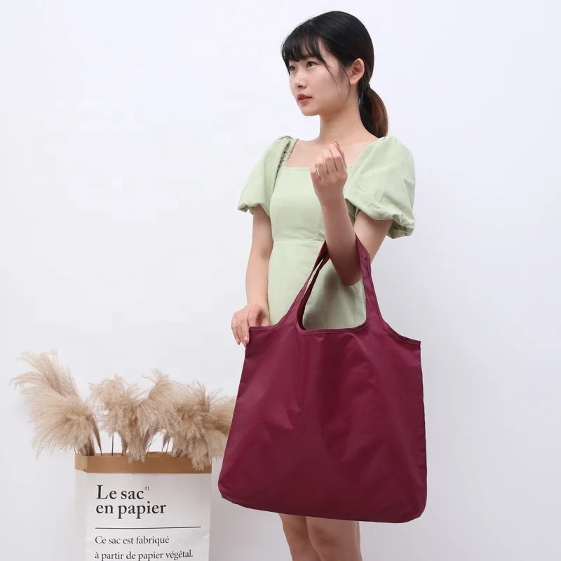 2024 Custom Logo recycled polyester folding tote bags 210 Rip stop nylon gift tote bag foldable polyester grocery shopping bags