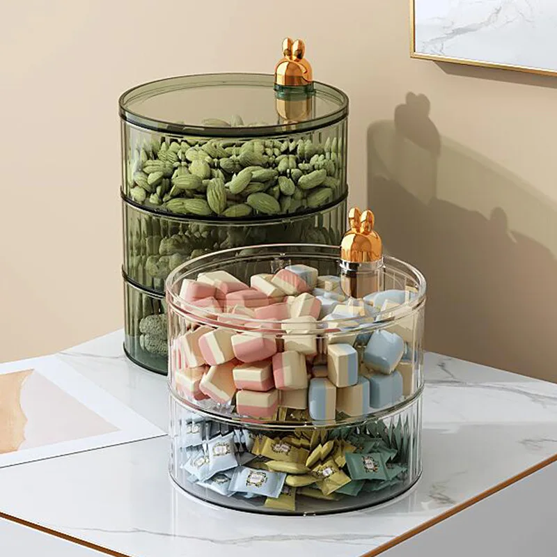 Wholesale Creative 360 Rotate multilayer Plastic Transparent Round Desktop food Storage Box For Candy Dried Fruit Snacks