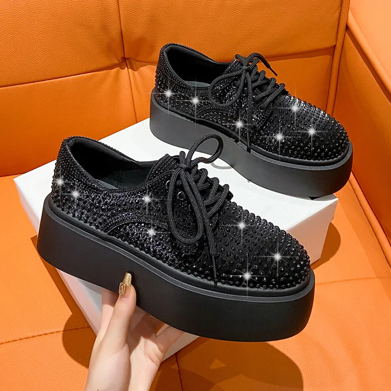 New design platform shoes chunky thick sole high heels women flats fashion rhinestone bling casual round toe shoes for ladies