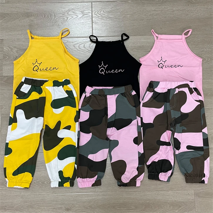 2023 new summer little girls clothing sets sexy letter print crop vest camouflage pant two piece toddler girl clothes set