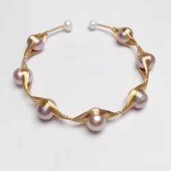 14K Gold Plating Pearl Bead Adjustable Cuff Opening Bracelet Imitate Fresh Water Pearl Dangle Jewelry