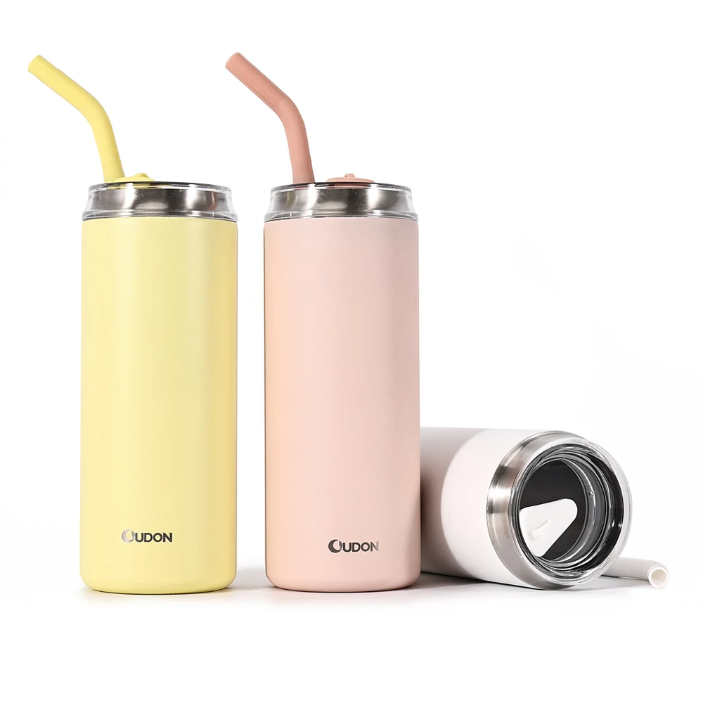 High Quality Customize Color Travel Double Wall Coffee Mug with Silicone and Stainless Steel Straw