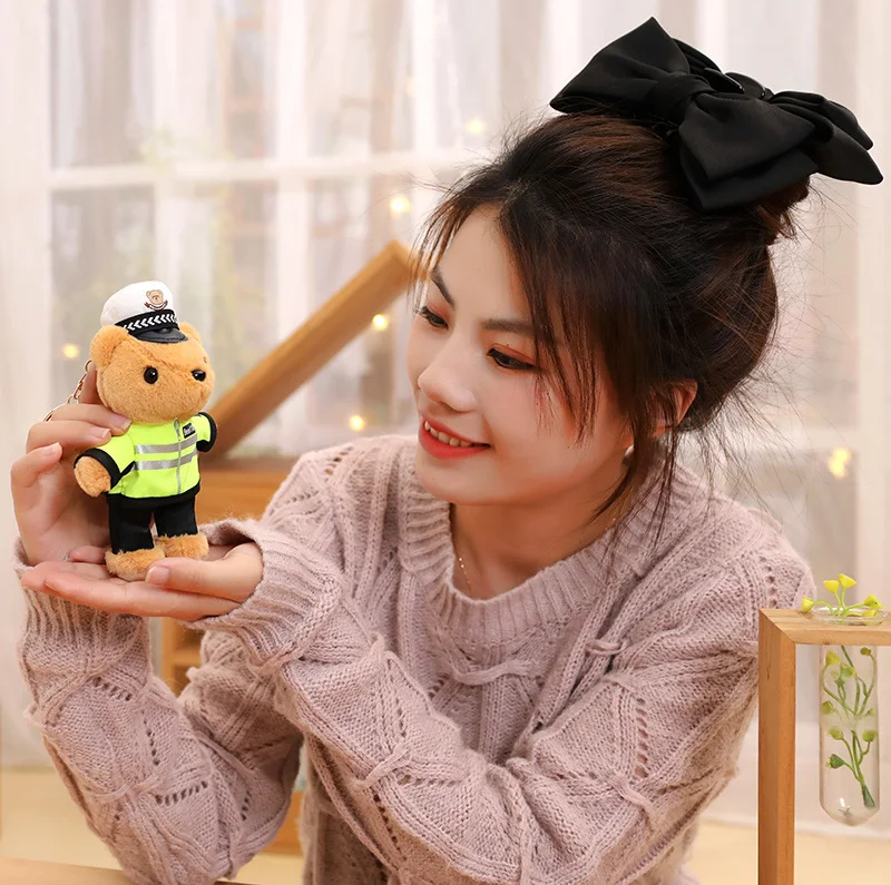 Plush police bear plush toy traffic police uniform bear small doll key chain doll bear pendant gift