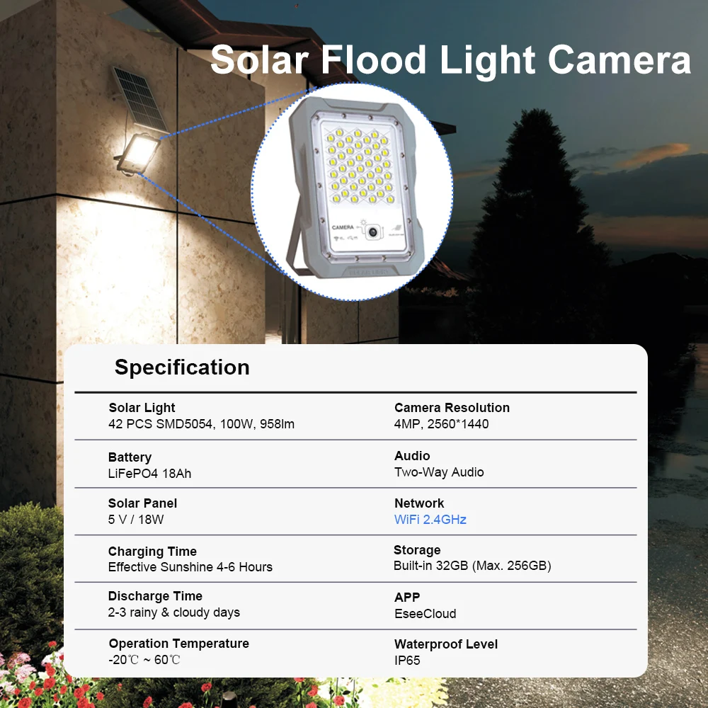 Outdoor Solar Flood Light with WiFi CCTV Camera 4MP Built-in 32GB TF Card Storage