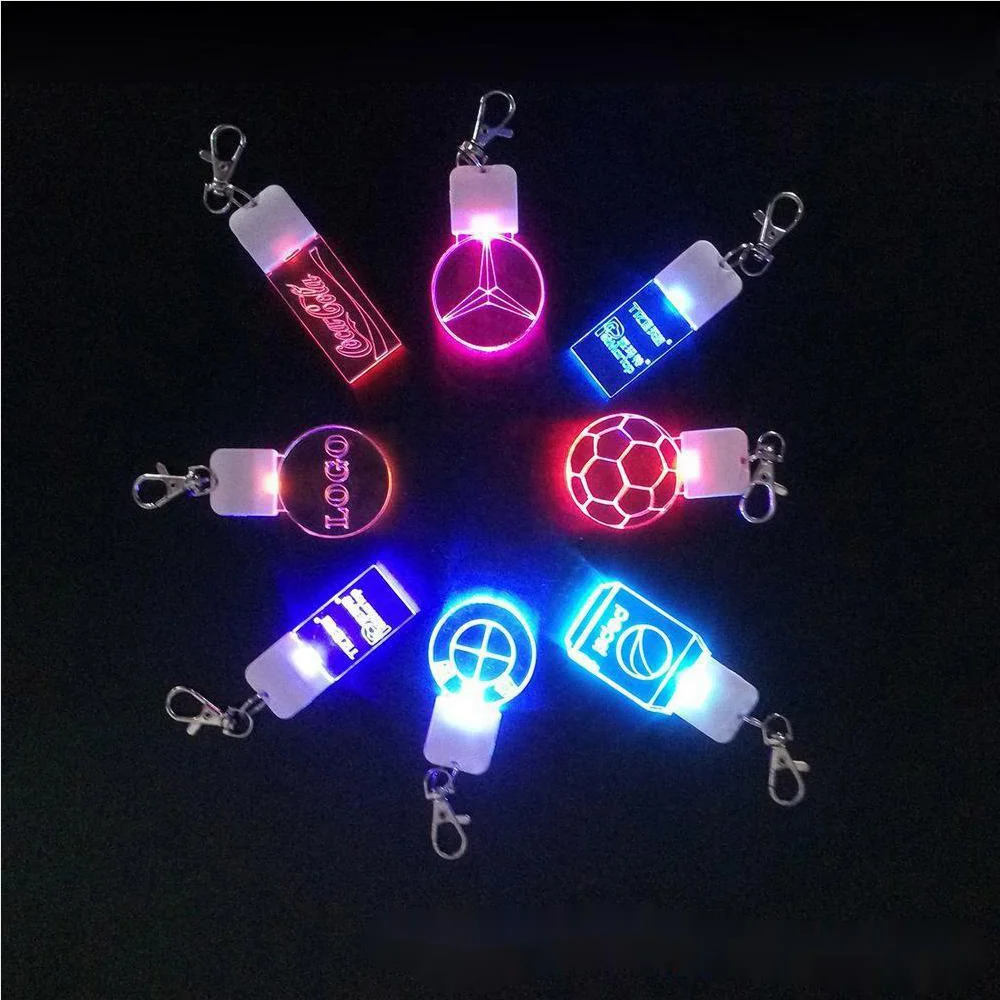 Custom Logo Flashing Acrylic key chain Led Keychains Glow In  Dark Light Up Badge Key Ring
