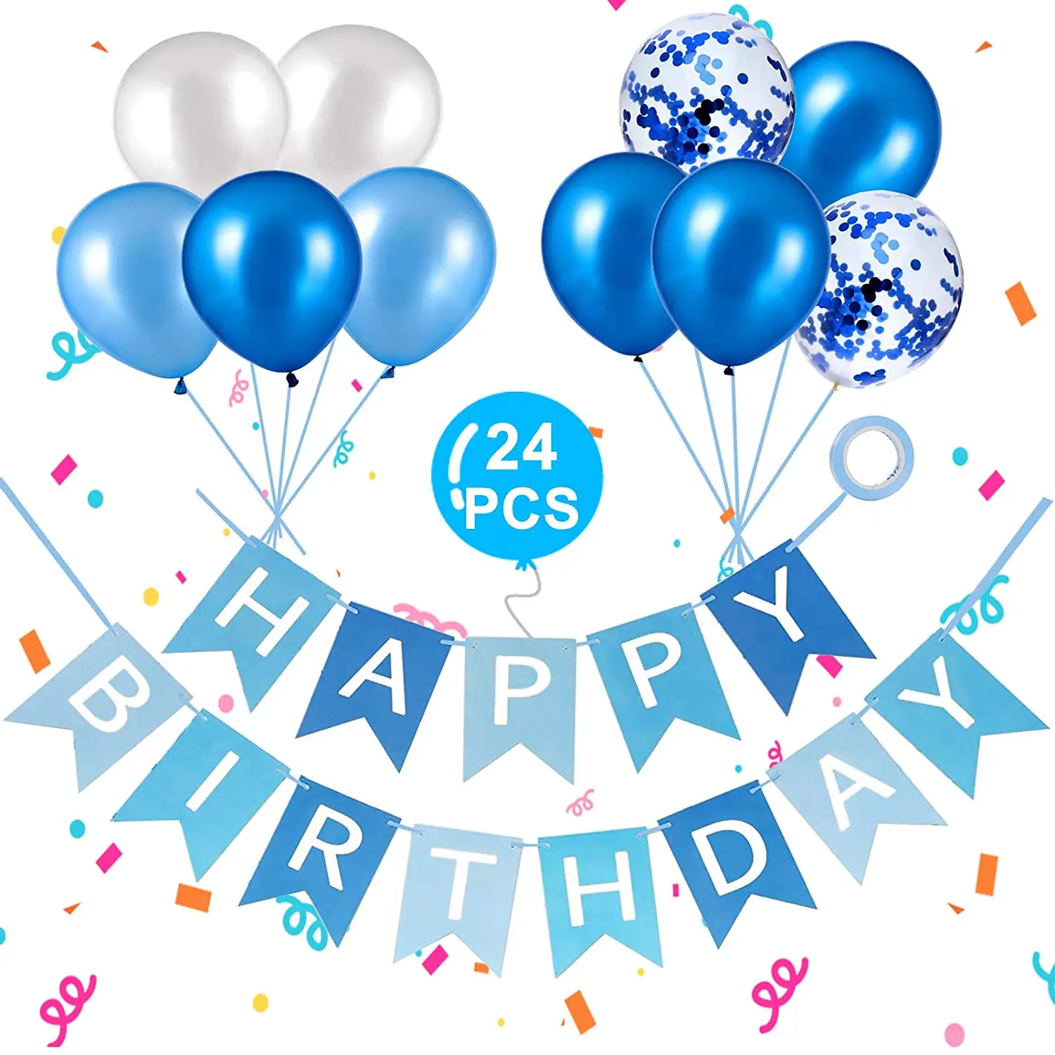 
Amazon Hot Selling Birthday Party Supplies Set Banner Blue Latex Confetti Balloons 