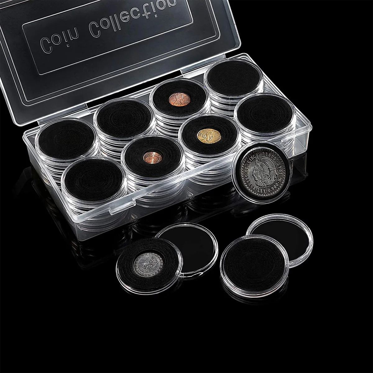 Acrylic Coin Holder 17/20/25/27/30/35/40/46mm Diameter Black Gaskets Coin Capsule Ultra Clear Rigid Plastic Coin Display Case