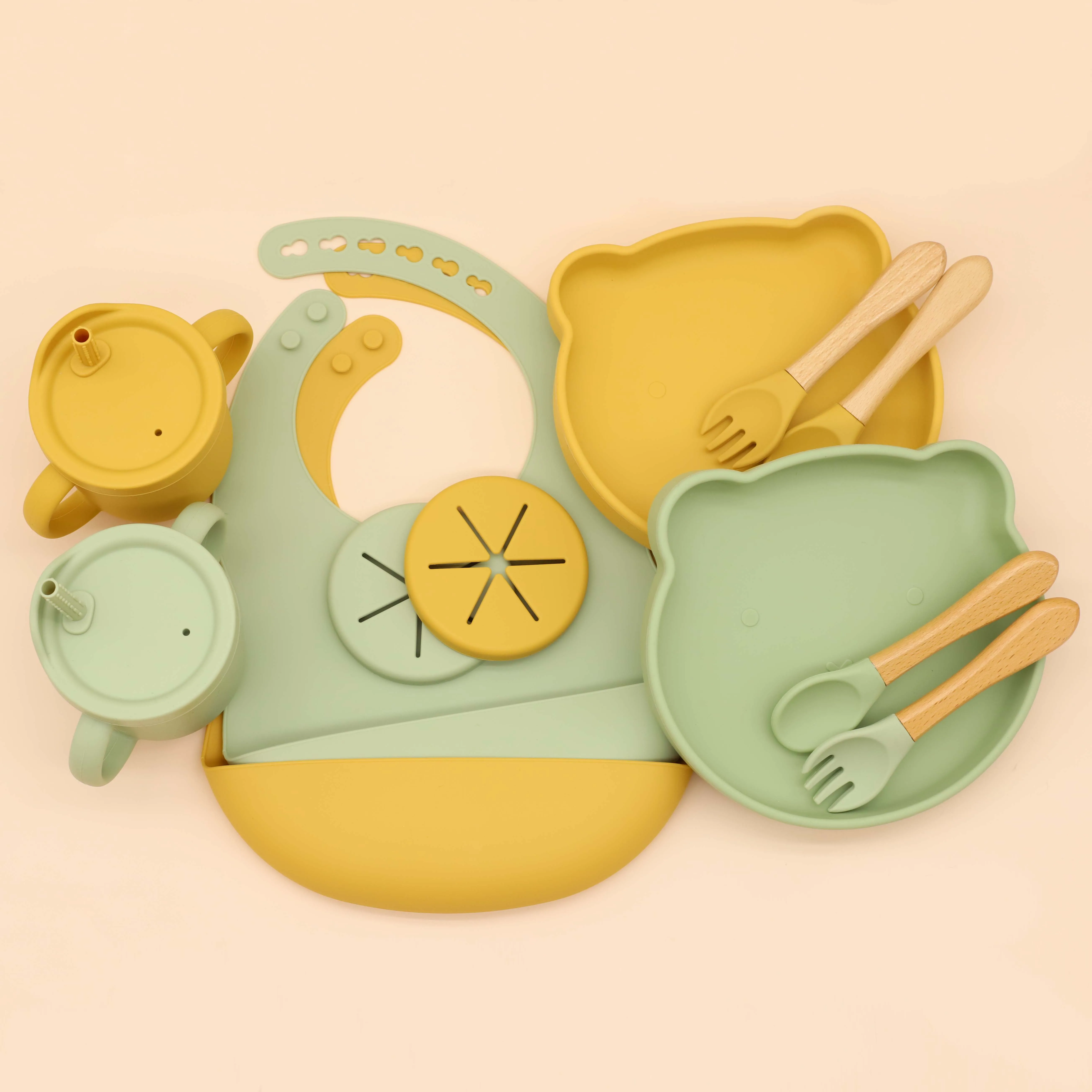 Amazon Tableware non toxic Baby bib suction bear plate spoon fork and silicone 2-in-1 snack  sippy cup non spill feeding set
