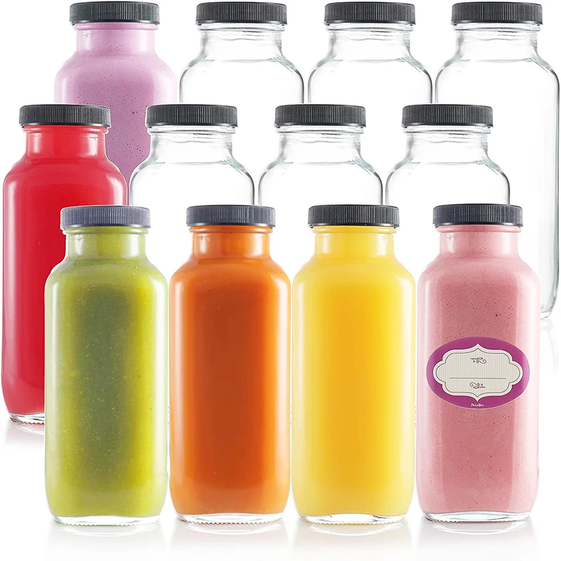 250ml 350ml 500ml Glass juice bottle. 8oz 12oz 16oz glass square shape juice bottle with cap