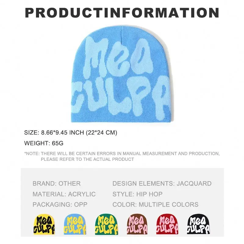 Low MOQ Custom Beanie Manufacturers All Over Print Jacquard Y2K Gothic No Cuff Fold Cuffless Winter Skull Cap Knit Hat With Logo