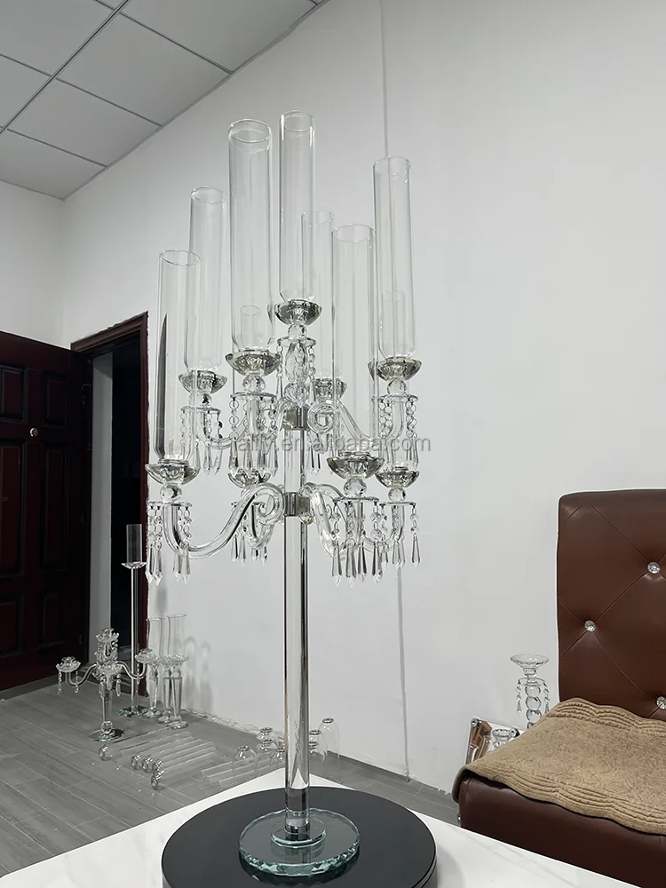 Tall Crystal Candelabra Centerpiece Suppliers 9 Arms Clear Crystal Candlesticks Holder For Wedding Decor