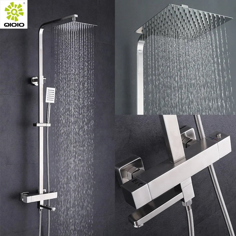 Lead free Kaiping factory Three function brushed black thermostatic hot and cold water mixer shower set rainfall column
