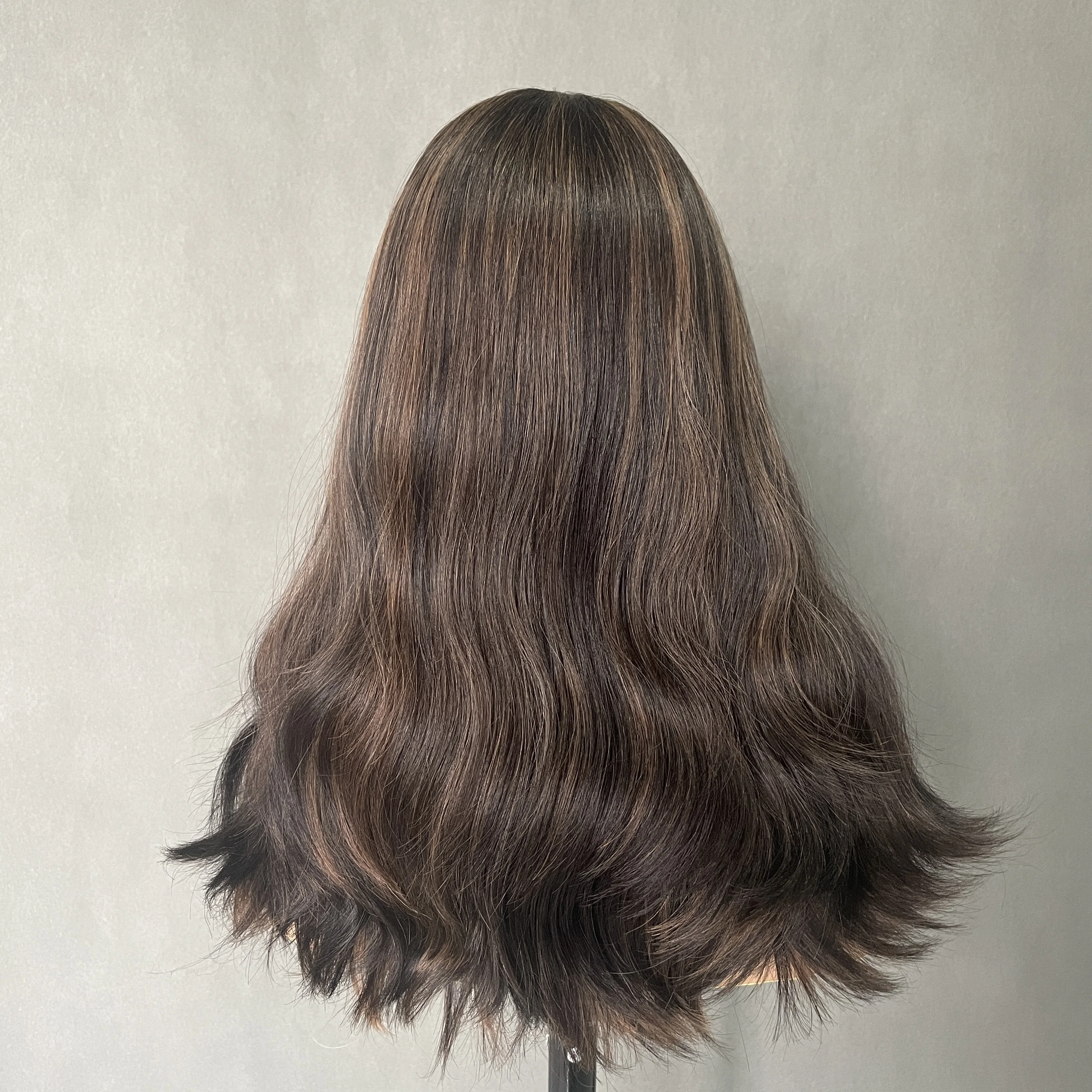 Band Fall Wig  Non Layer Machine Wig Best Hair Natural Wavy Deep Part Wig Balayage Highlight Brown Color