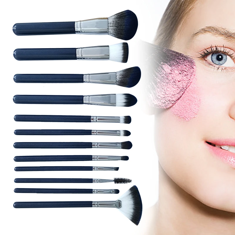 LOW MOQ Wholesale New Itembeauty Makeup Spoolie Foundation 12Pcs Dark Blue Wood Handle Beauty Tool Makeup Brush Set