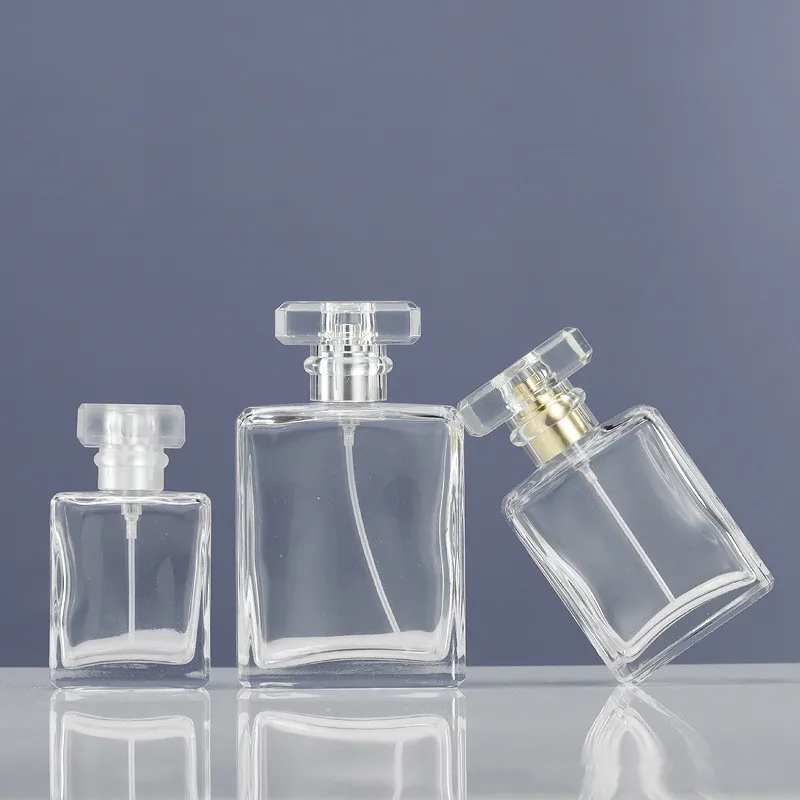 BESTSUN wholesale 30ml 50ml 100ml clear empty fragrance glass with pump spray lid perfume bottle square atomizer for cosmetic