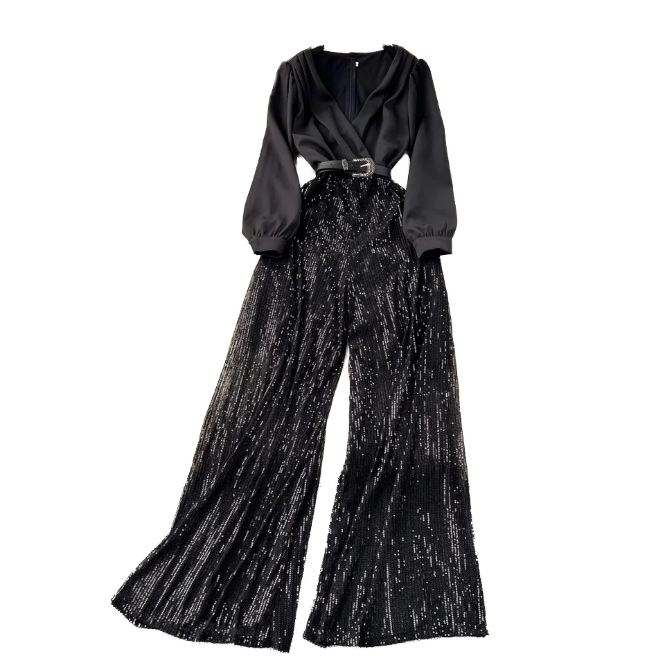 High Quality Custom Spliced Sequin Belt Ladies Casual Solid Pattern Long Pants for Party Street Club Factory Price Autumn Season