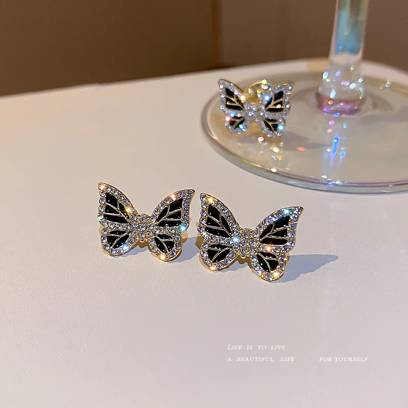 Jewelry 925 silver needle Korean elegant personality inlaid with Diamond Butterfly Earrings net red super fairy