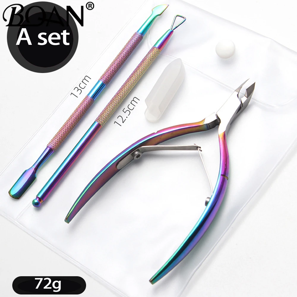 BQAN Rainbow Dual-ended Nail Cuticle Pusher Stainless Steel Dead Skin Push Remover Pedicure Cleaner Nail Art Tools
