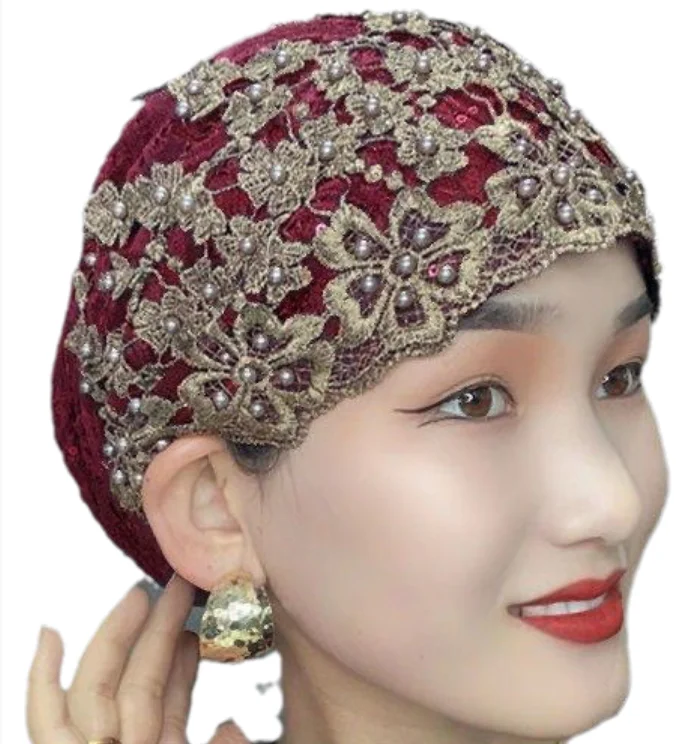 Classy Muslim Elastic Turban For Women Wholesale Gorgeous Flower Embroidered With Beads Islamic Hood