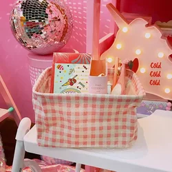 Girl lovely pink lattice home cotton linen fabric art storage basket cosmetics sundry storage basket desktop storage box