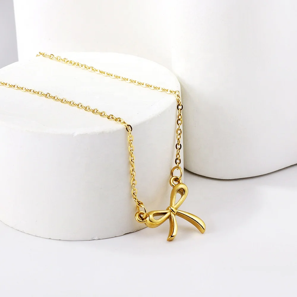 Non Tarnish Waterproof Trend Korean Jewelry Plated 18K Gold Necklaces Fine Stainless Steel Bow Necklace