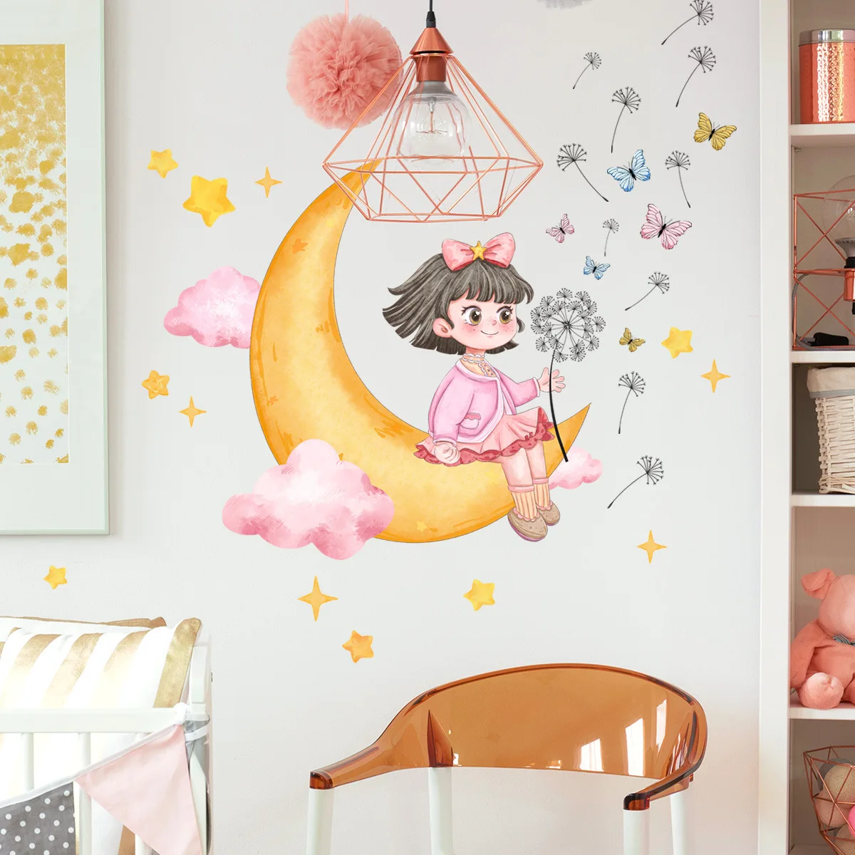 Living Room Wallpaper Home Decoration Butterflies Stars Wall Sticker Girl on the Moon Self-Adhesive Decal