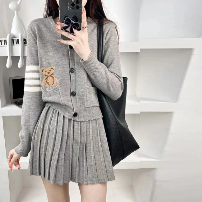 High School girls v neck short bear cardigan and mini skirt uniform twin set