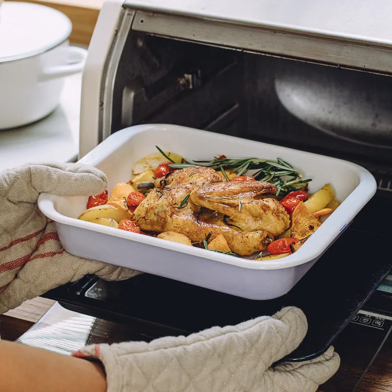 Non toxic food grade factory wholesale customized nordic marble metal steel enamel baking firing enamelware tray