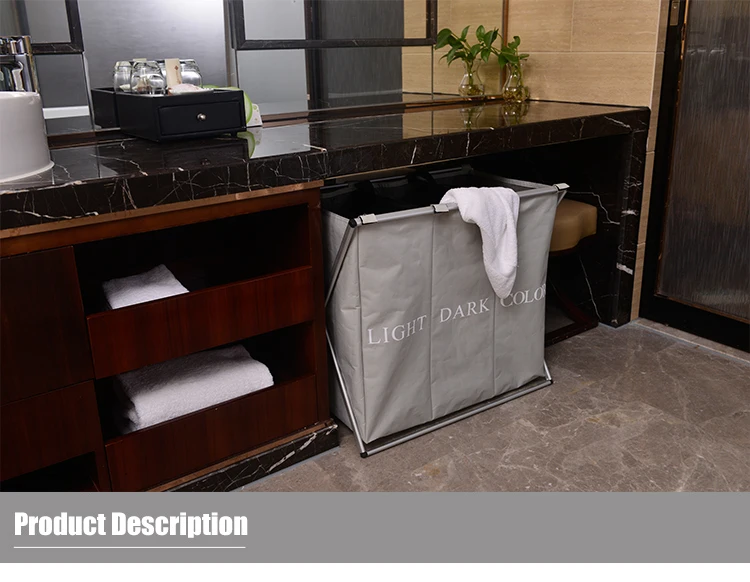 High quality 3 compartments folding laundry basket with aluminum frame