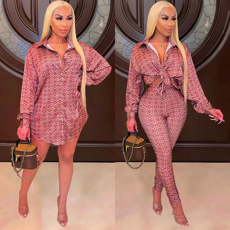Hot Sales Autumn Fashion Printing Sexy Women Button Long Sleeve Shirt Long Pants Suit Ladies Plus Size Two Piece Set