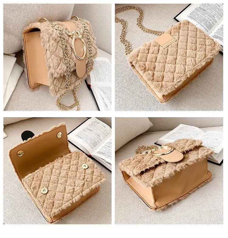 2021 Fall Winter Hot Sale Women Popular Faux Fur Handbags Furry Purses Ladies Winter Plush Square Crossbody Chain Bags