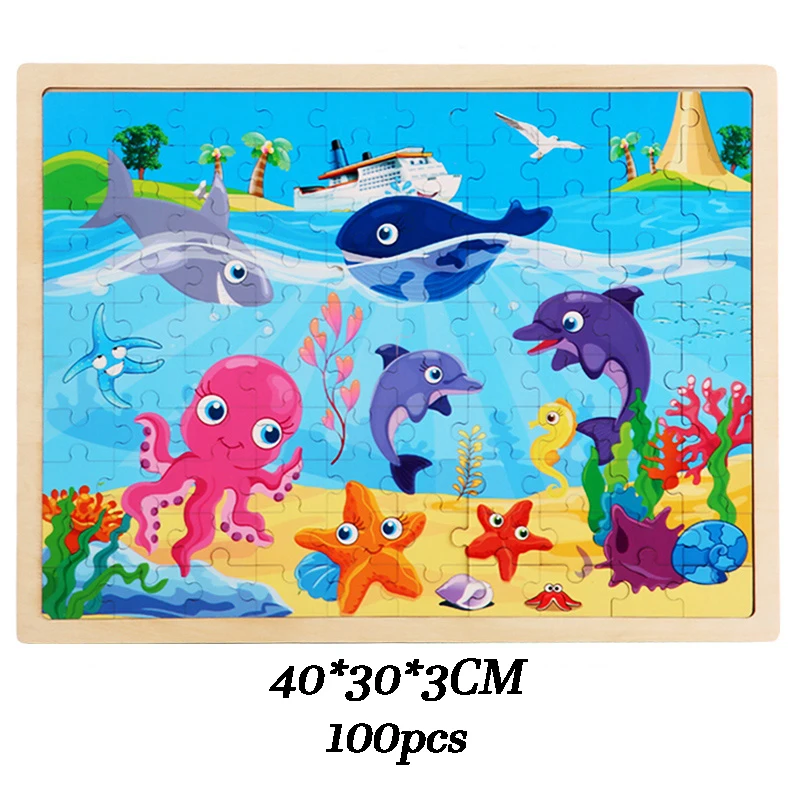 Good quality Laser Engraving cut animal traffic Cartoon Wooden Jigsaw 48pcs 100pcs Puzzles For Children Early Educational Toys