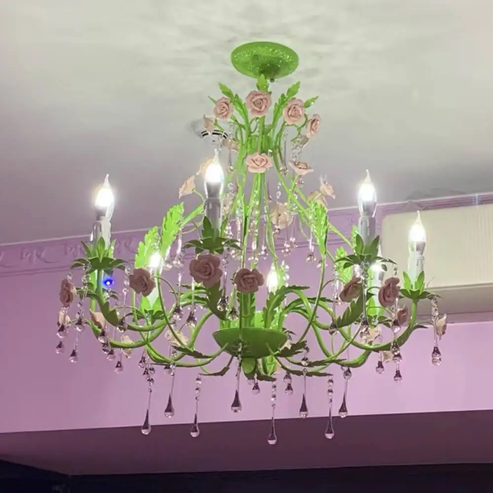 Custom Decorative Luxury Ceramic Rose Flowers Chandelier LED Pendant Light Indoor Hotel Modern Crystal Chandelier