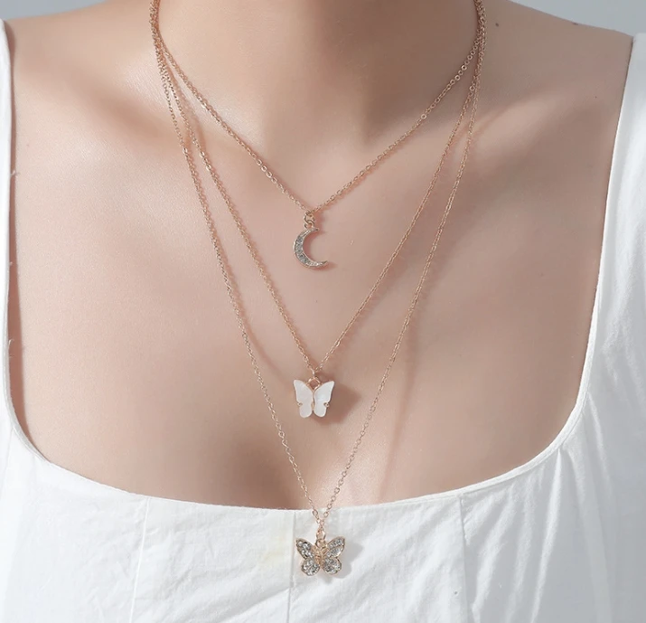 
Hot new style simple temperament multi-layer moon butterfly necklace fashion small sweater chain 